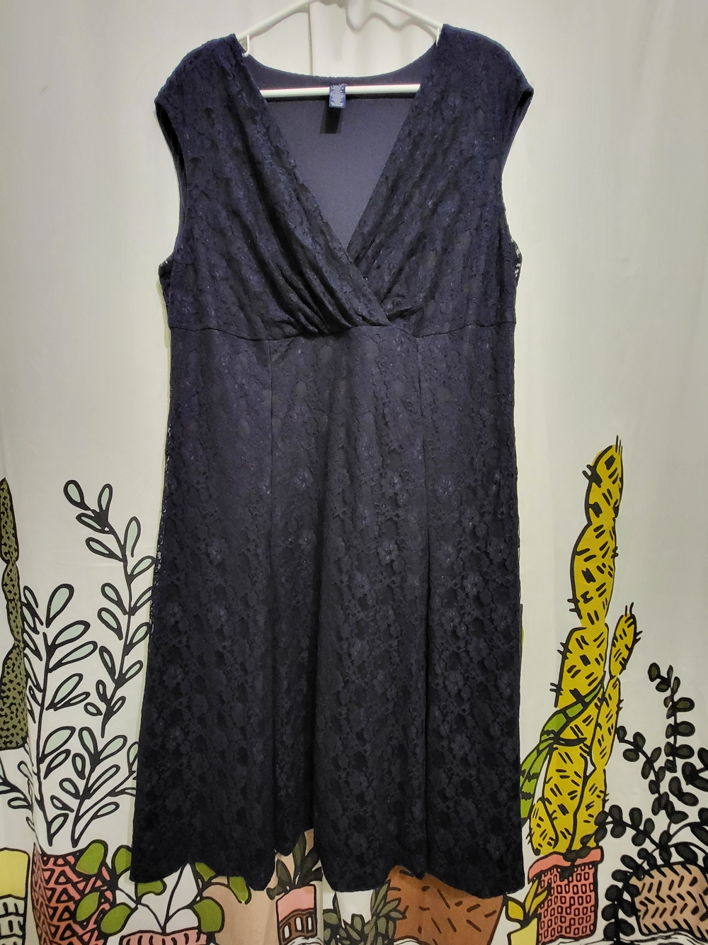 CHAPS Navy Blue Lace Overlay Dress Flare V-Neck Cap Sleeve Plus Sz 18W